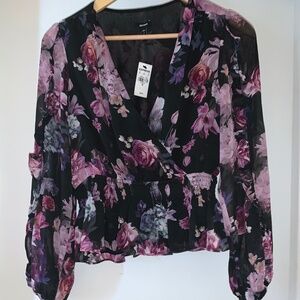 NWT Express Blouse, Floral, Peplum, Ruffle Long-Sleeve, Black & Purple, XS